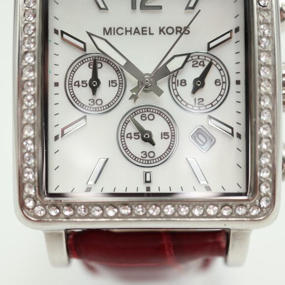 Michael Kors Silver Tone Square 33mm MOP Chronograph Watch Red Alligator Strap main image 8